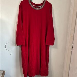Red Long Sleeve Dress with Beaded Neckline